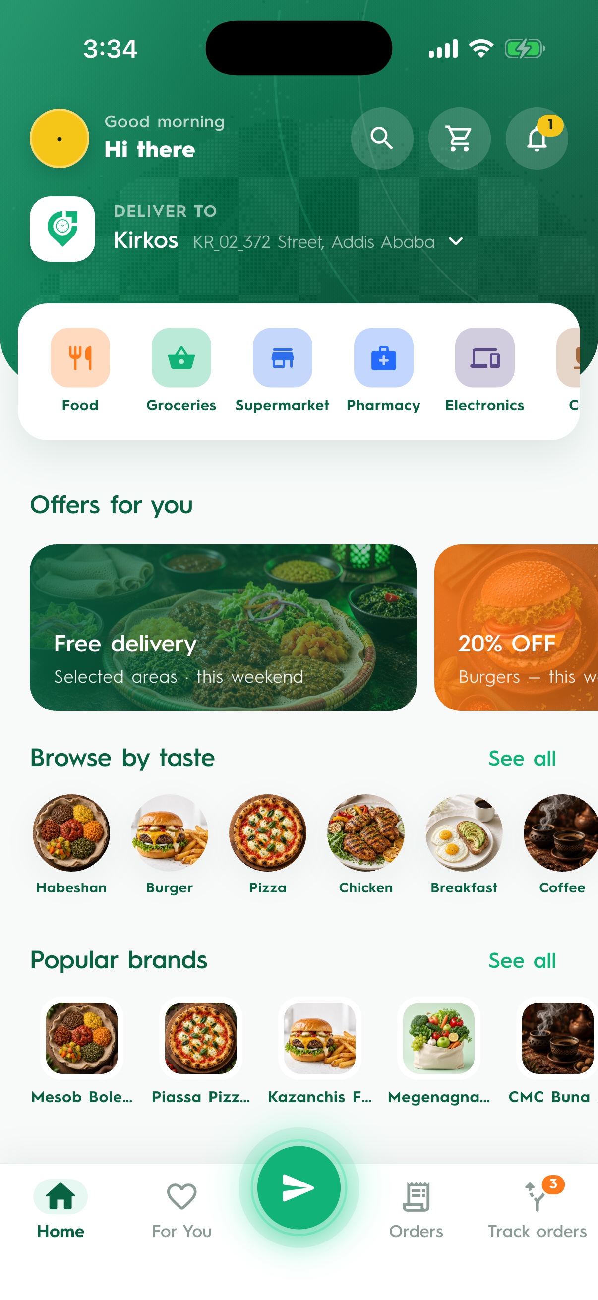 The Time Delivery customer app home screen: categories, offers, tastes and popular brands
